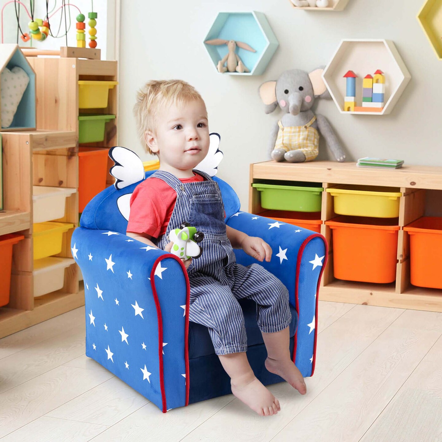 Costway Kid's Sofa Chair Toddler Upholstered Armchair Wooden Frame Children Couch Navy
