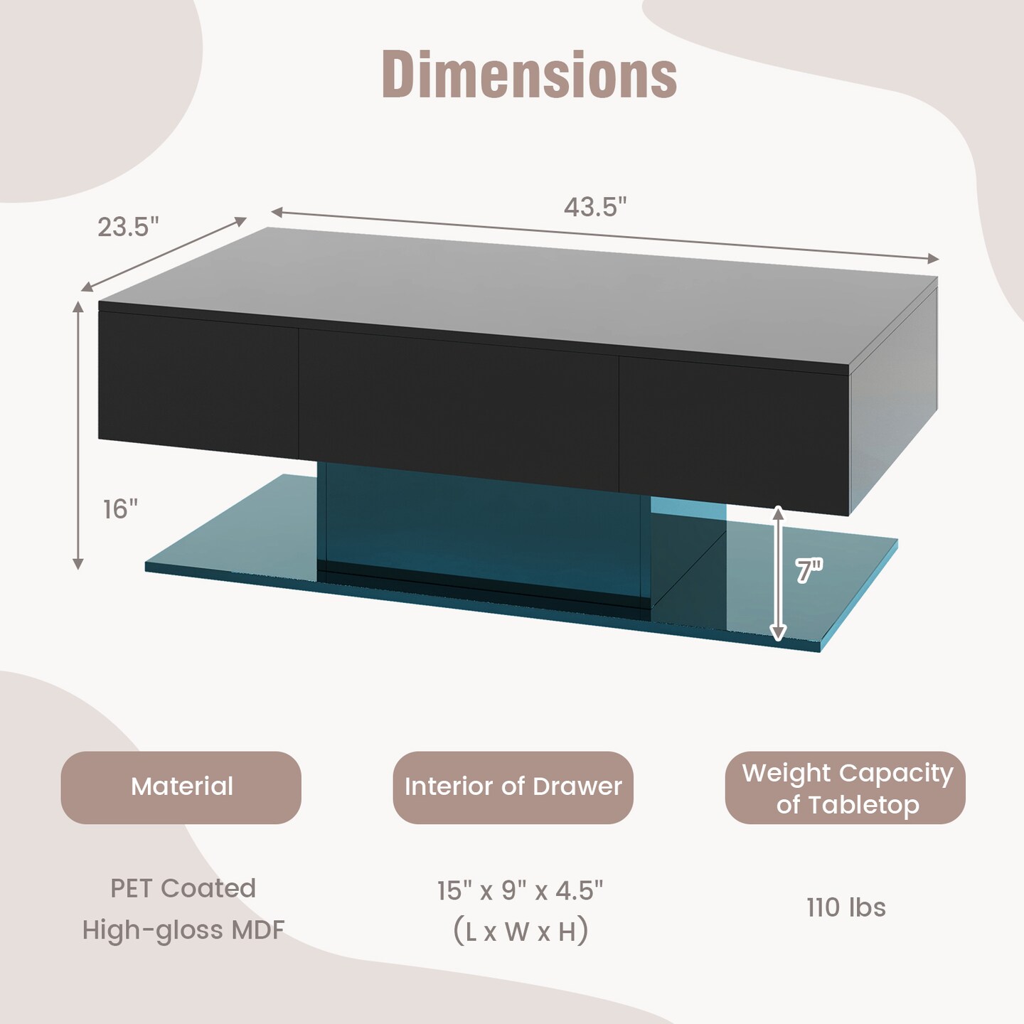 Modern Led Coffee Table With 20 Color Led Lights And 2 Storage Drawers-black
