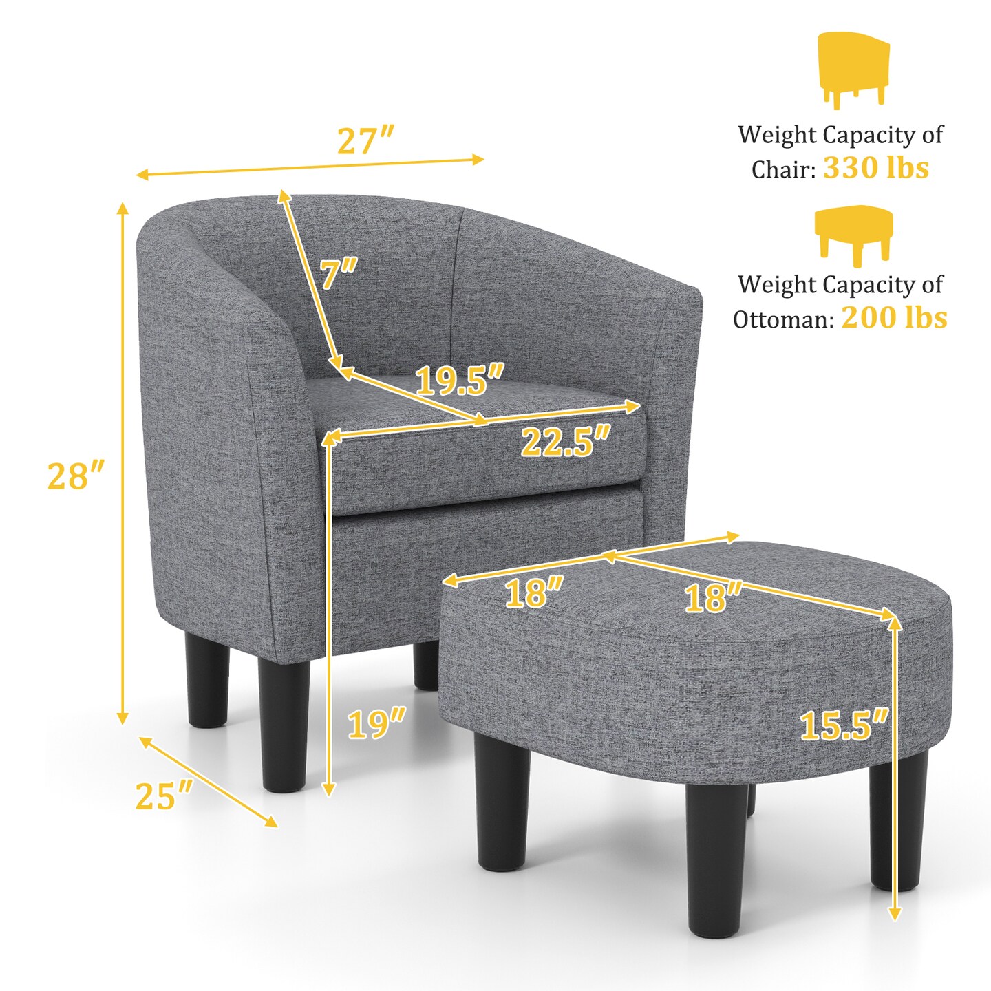 Barrel Club Chair With Ottoman Set Linen Fabric Accent Chair With Footrest-gray
