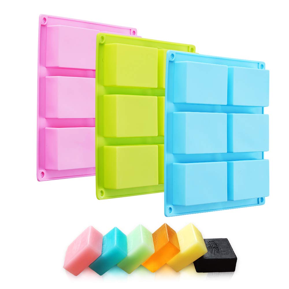 3 Pck Silicone Soap Molds(Blue &#x26; Pink &#x26; Green), 6 Cavities Silicone Baking Mold DIY Handmade Soap Making, Muffin, Loaf, Brownie, Cornbread and More