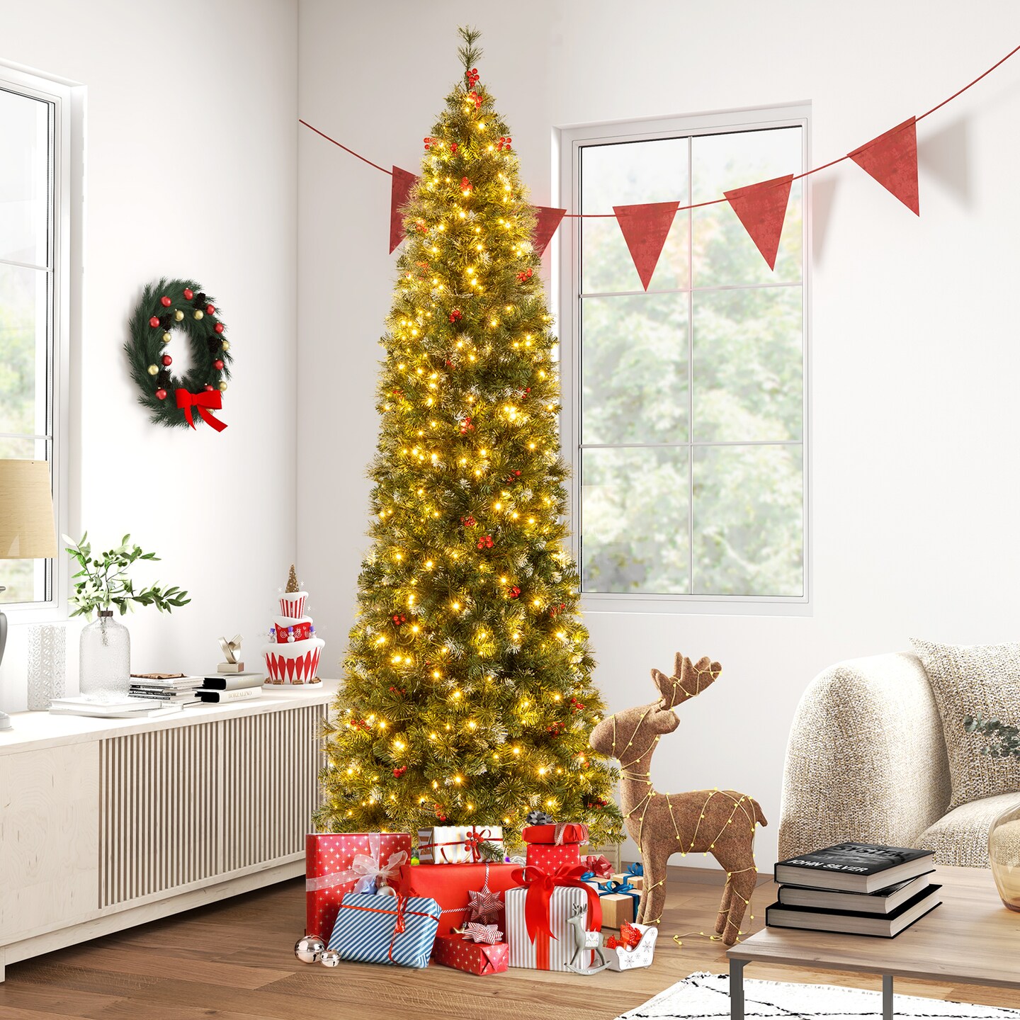 Pre-Lit Artificial Hinged Slim Pencil Christmas Tree