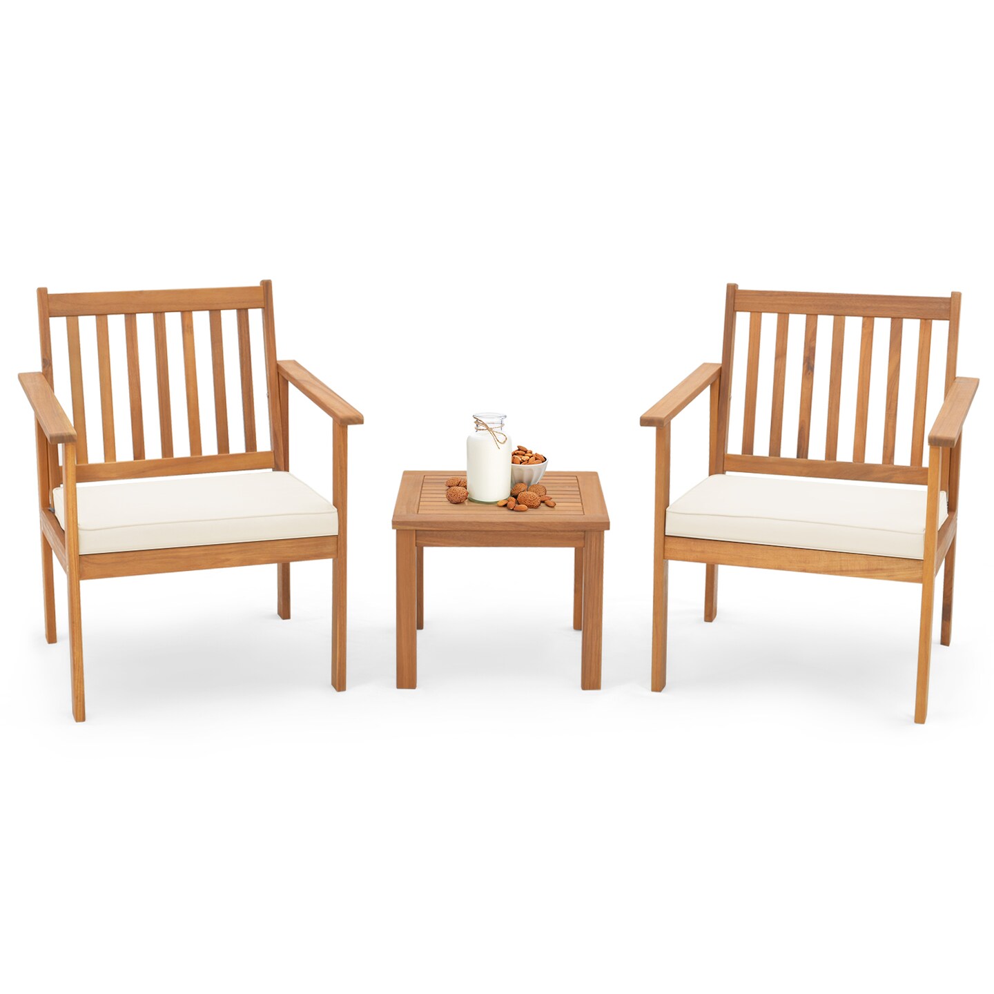 3 Pieces Patio Wood Furniture Set With Soft Cushions For Porch