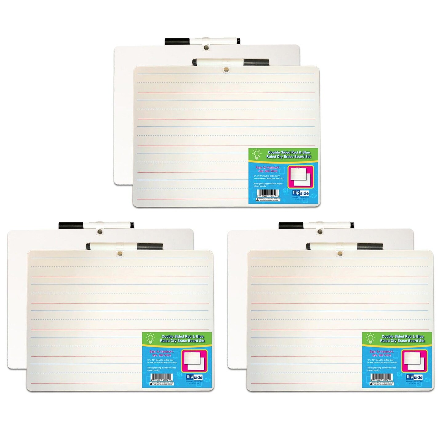 Two-Sided Primary Ruled/Blank Dry Erase Board with Attached Marker, 9&#x22; x 12&#x22;, Pack of 3