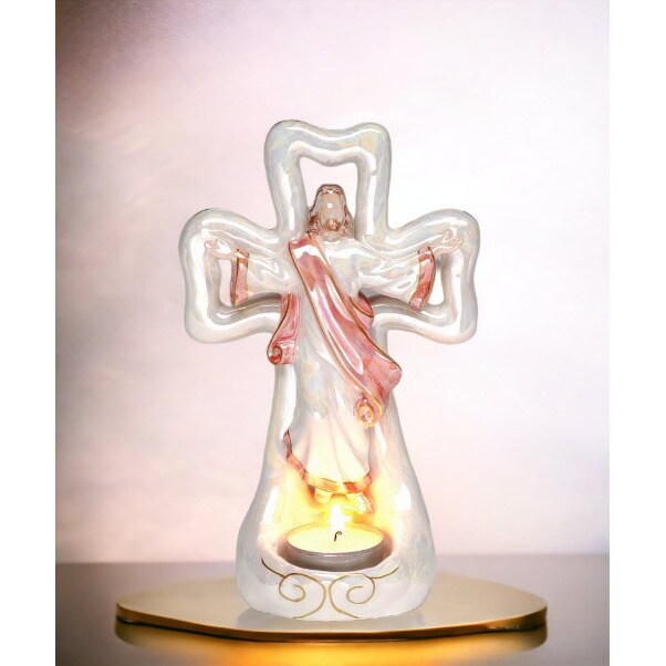 kevinsgiftshoppe Ceramic Jesus with Cross Tealight Candle Holder Religious Decor Religious Gift Church Decor