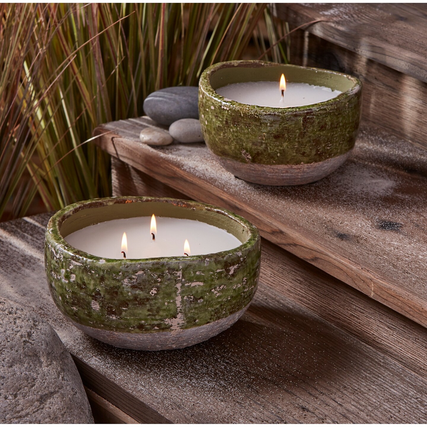 Unscented Citronella Candle in Basin Stoneware Green Bowl, Small Size, 5.75L x 5.75W x 3.5H inches, Burn Tme 5 Hours