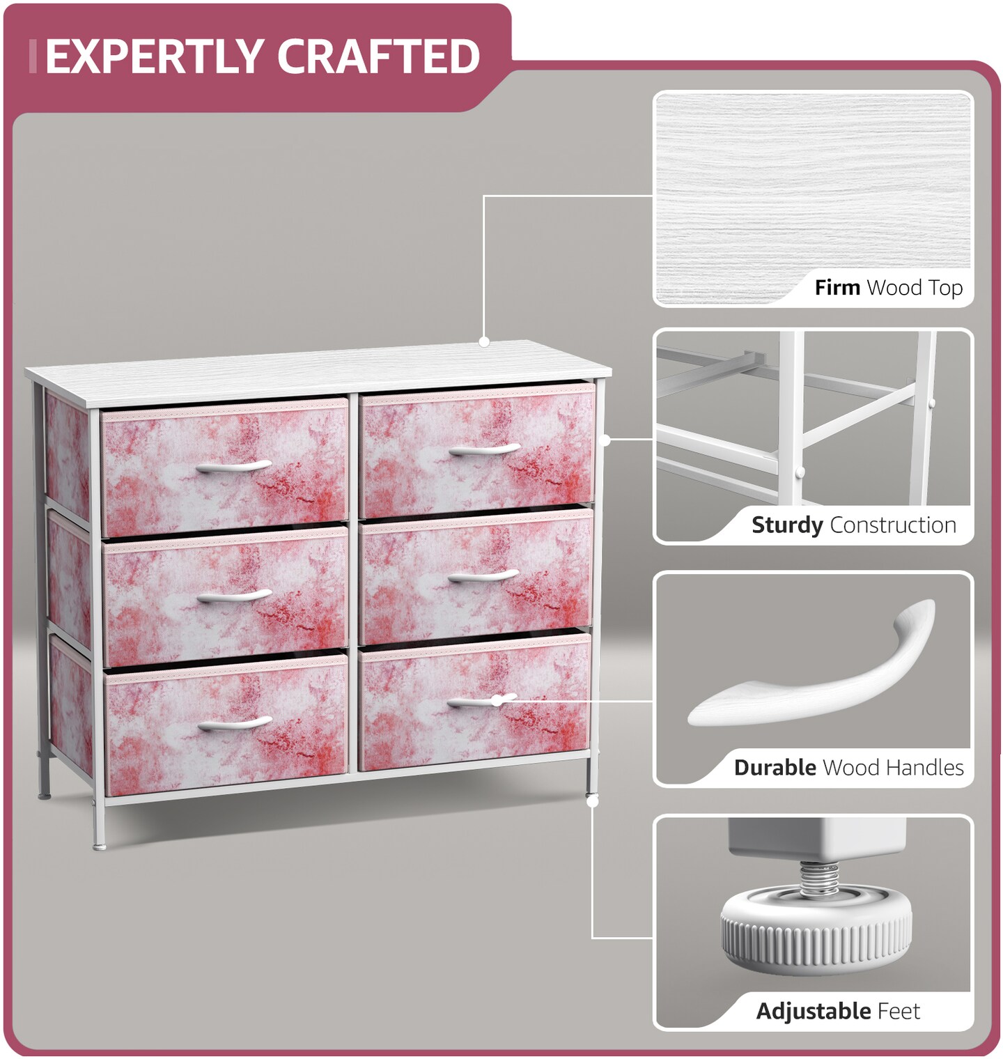 Sorbus 6 Drawers Dresser- Storage Unit with Steel Frame, Wood Top, Fabric Bins - for Bedroom, Closet, Office and more