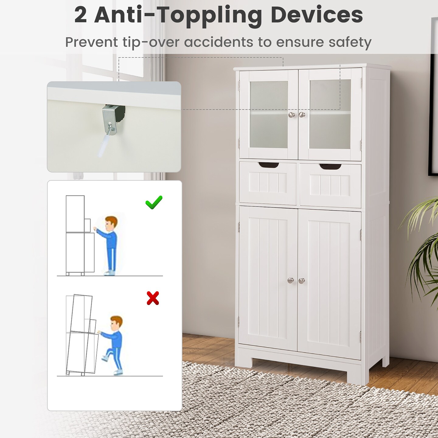 Costway Bathroom Floor Storage Cabinet Kitchen Cupboard with 2 Drawers &#x26; Glass Doors White