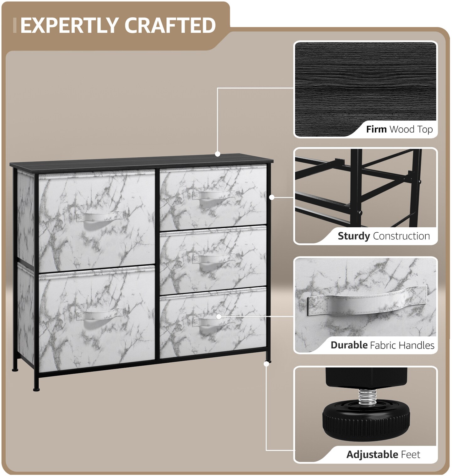 Sorbus Dresser with 5 Drawers - Storage Chest Organizer with Steel Frame, Wood Top, Handles, Fabric Bins
