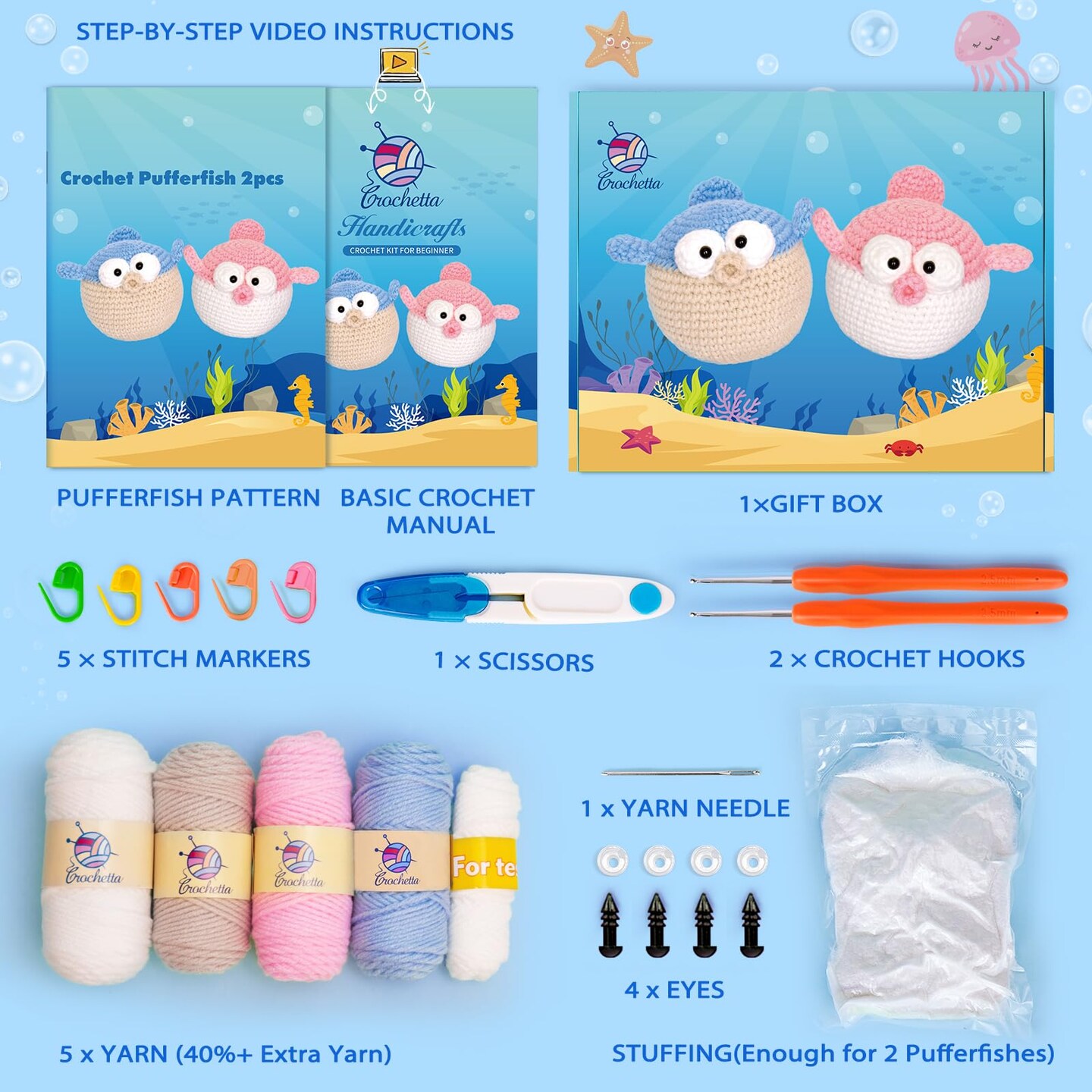Crochet Kit for Beginners, Beginner Crochet Starter Kit with Step-by-Step Video Tutorials, Learn to Crochet Kits for Adults and Kids, DIY Knitting Supplies, 2 Pack Pufferfish (40%+ Yarn)