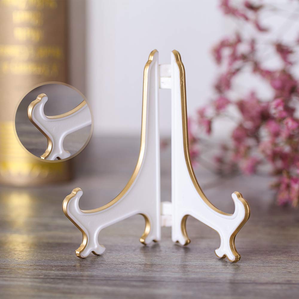 Artliving 4&#x22; White Gold Decorative Small Plate Stand Holder Plastic Picture Easel Display Stand Picture Frame Stand (2 Pack)