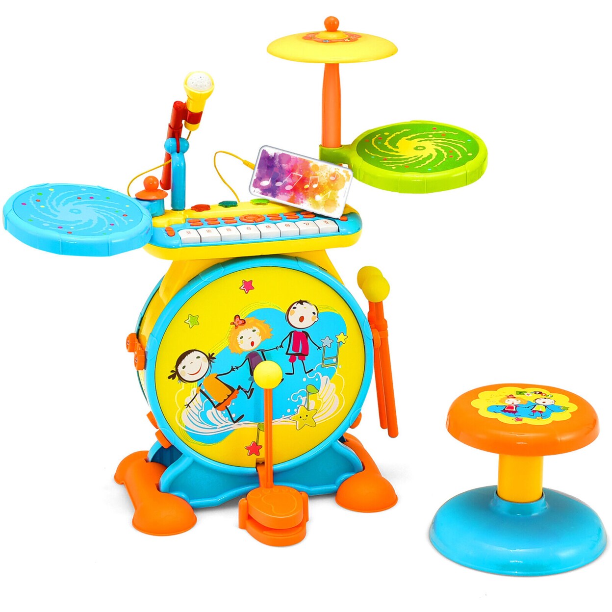 2-In-1 Kids Electronic Drum Kit Music Instrument Toy W/ Keyboard Microphone