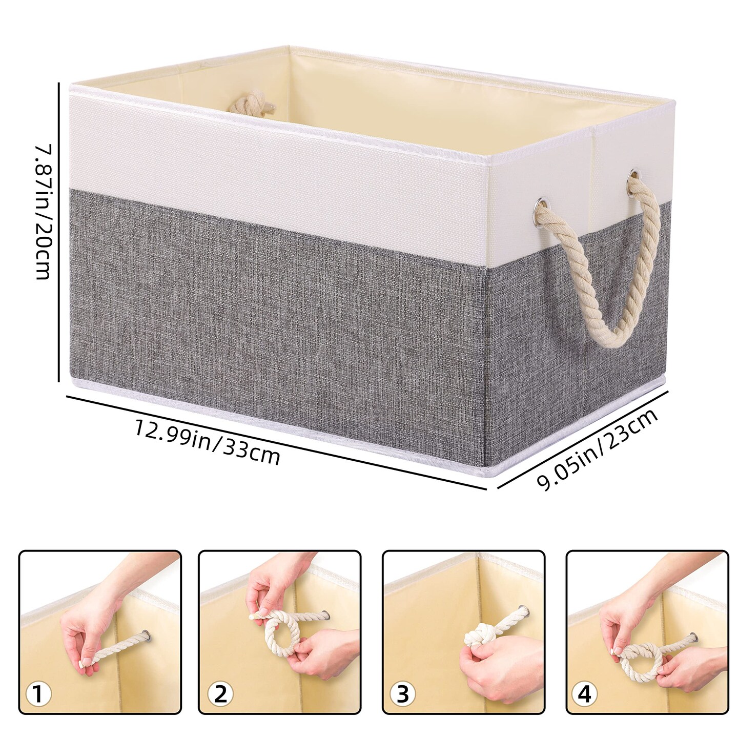 Foldable Storage Basket 1-Pack, Large Fabric Storage Bins with Rope Handle, Used for Organizing Shelves, Closets, Clothes Storage Box, 12.99''Lx9.05''Wx7.87''H, White/Grey