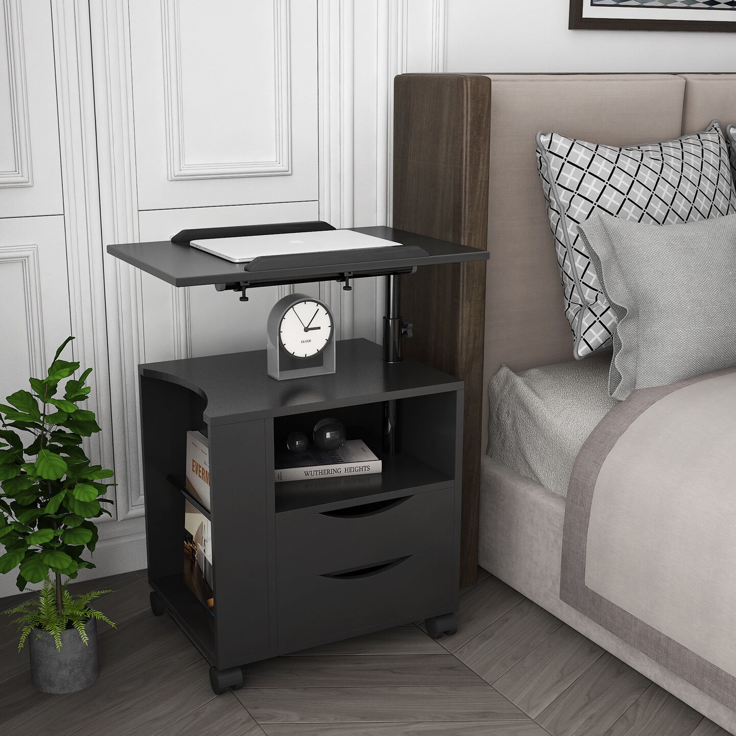 Height Adjustable Overbed End Table with Drawers and Open Shelf | Upgrade Bedside Setup
