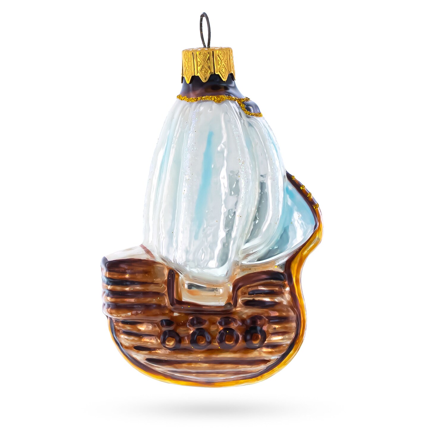 Wooden Sailboat with Billowing White Sails Glass Christmas Ornament