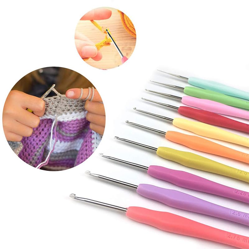 10 Pieces Knitting Needles Crochet Hook - Multicolor Ergonomic Crochet Hooks Set - Rubber Handled Aluminum Crochet Hooks - Small Crochet Hooks Knitting Kit for Beginners Crochet Kit for Crocheting Yarn