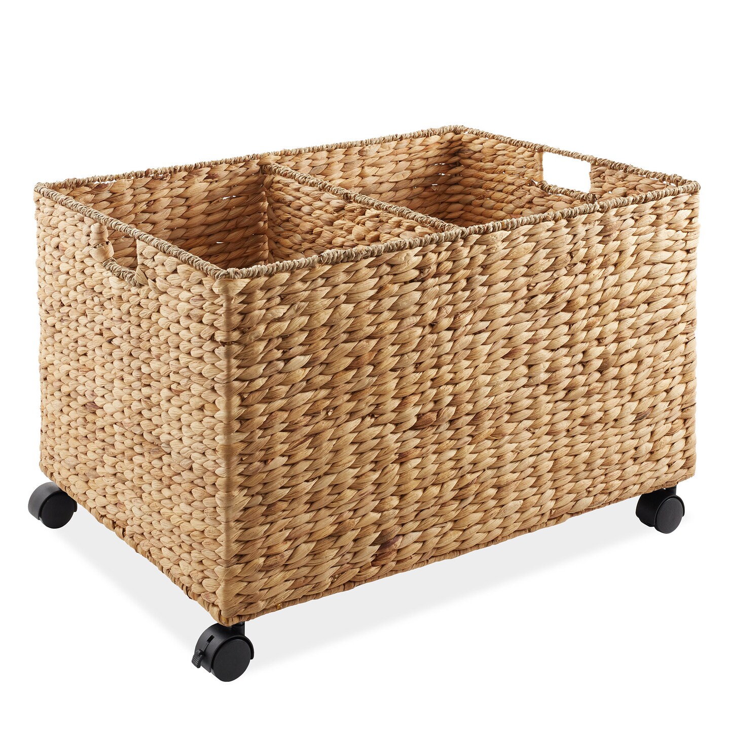 Casafield Rolling Storage Basket Cart with Lid and Locking Wheels - Handwoven Water Hyacinth Divided Recycling Sorting Bin for Kitchen, Laundry Room, Garage