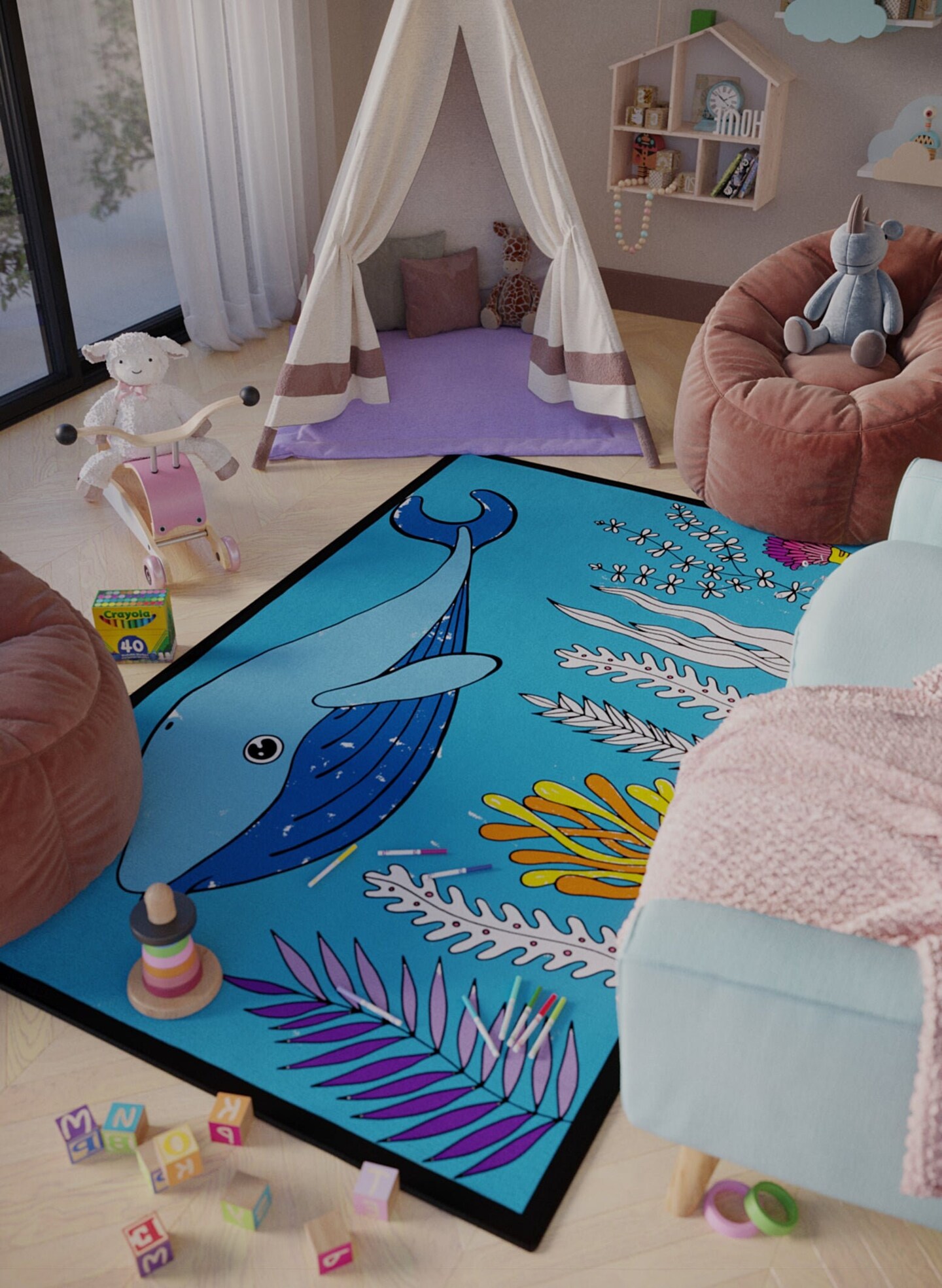 Kids Activities Coloring Ocean Decor Washable Rug &#x26; Markers Playroom Art Whale Underwater Aquarium Sea Animals Kids Rugs Coloring Book Pages