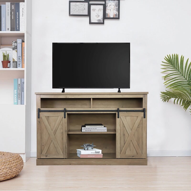 Rustic TV Stand with Sliding Barn Doors | Farmhouse Charm &#x26; Modern Functionality