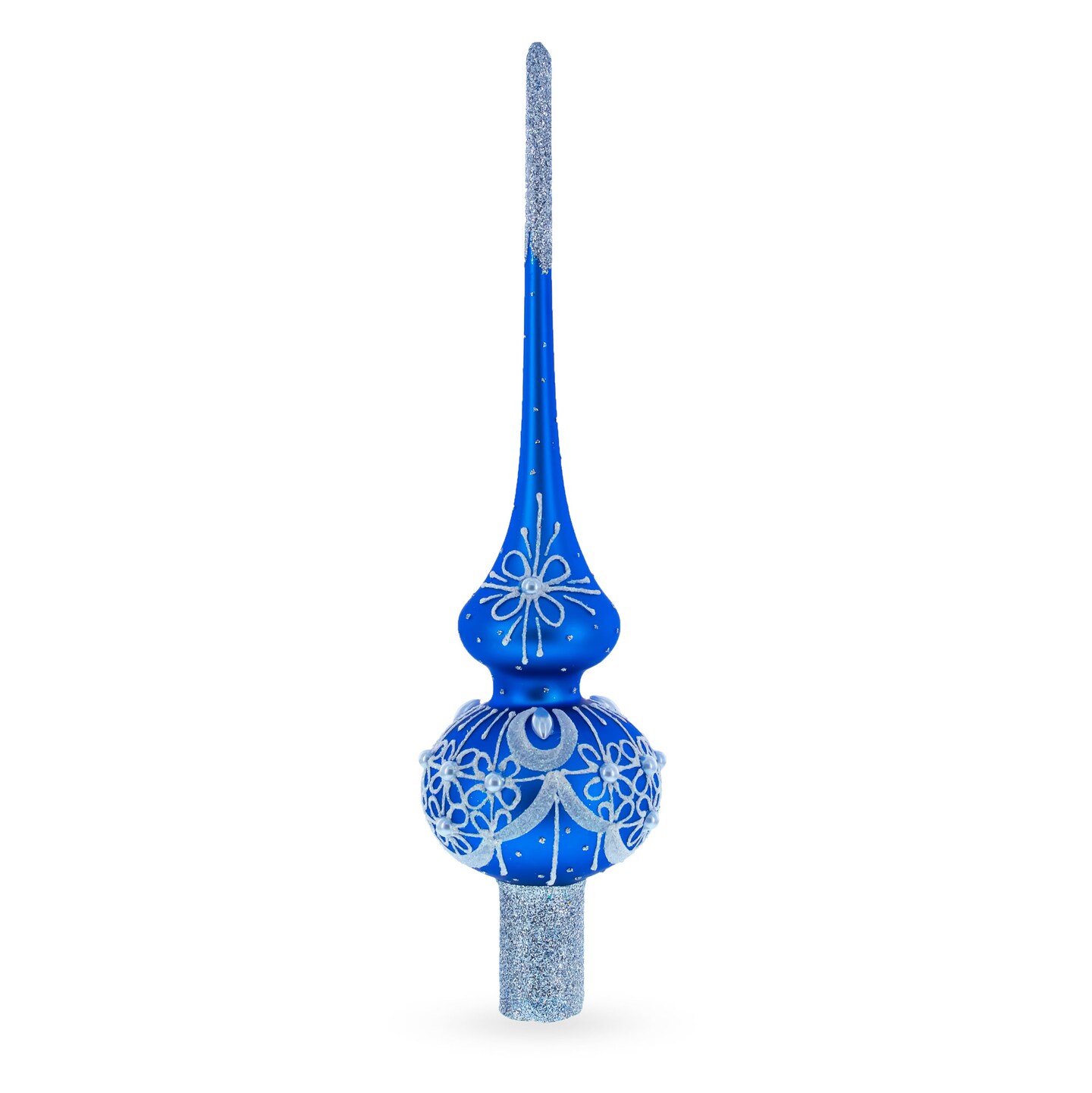 Dimensional White Pearls on Blue Mouth Blown Glass Christmas Tree Topper 11 Inches