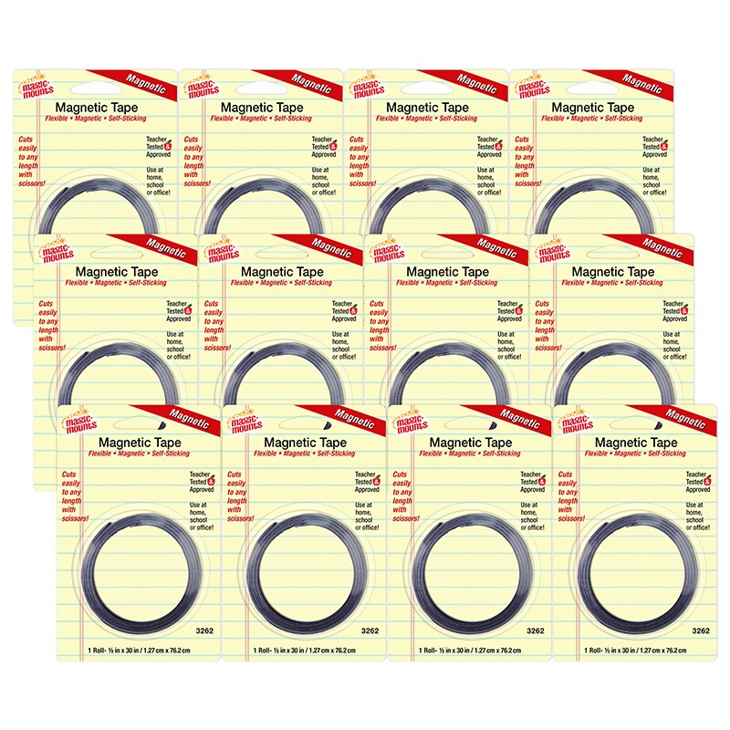 Self-Sticking Magnetic Tape Roll, 1/2&#x22; x 30&#x22;, Pack of 12