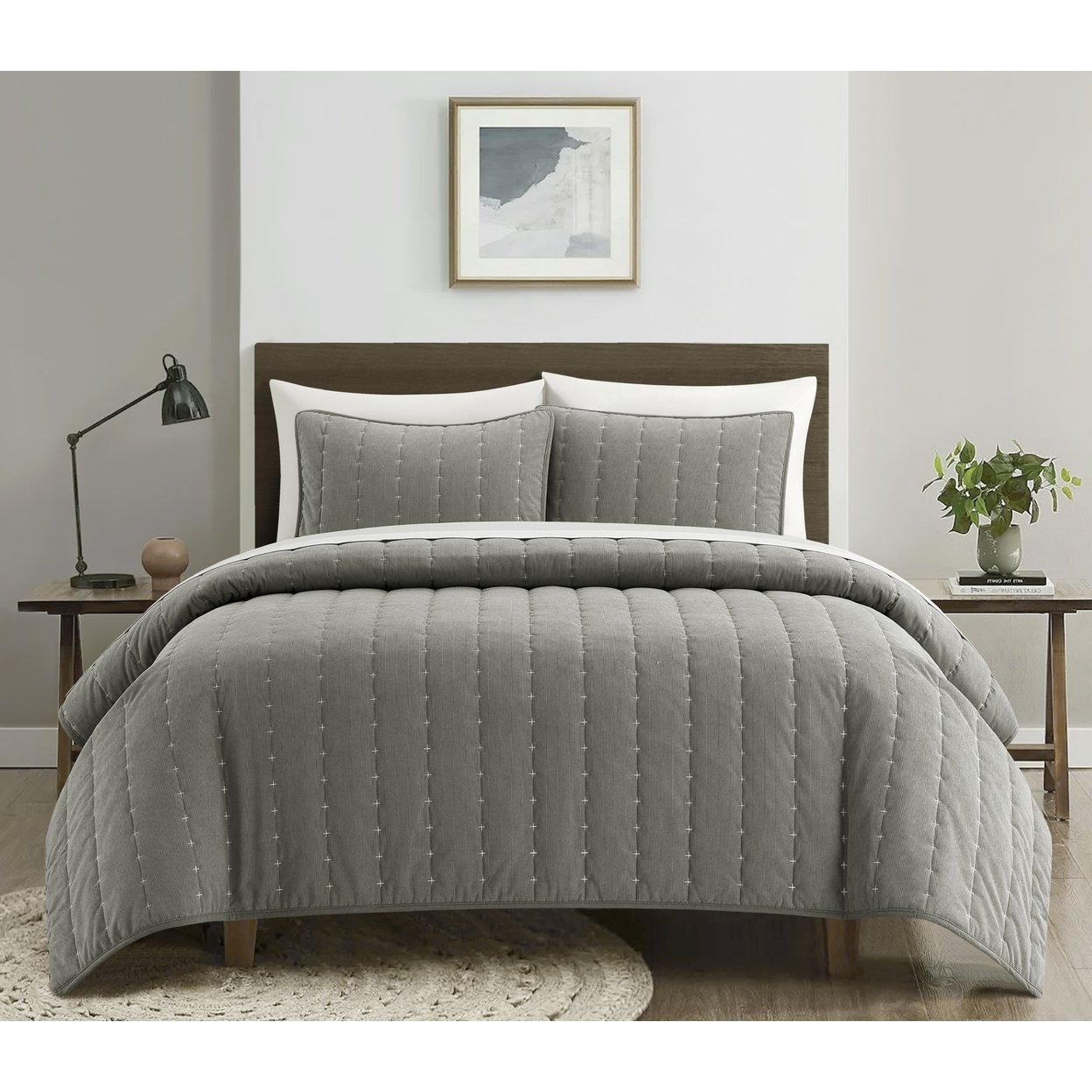 Chic Home Vala 3 Piece Quilt Set Corduroy Fabric Bedspread with Channel Quilted Embroidery Details Pattern