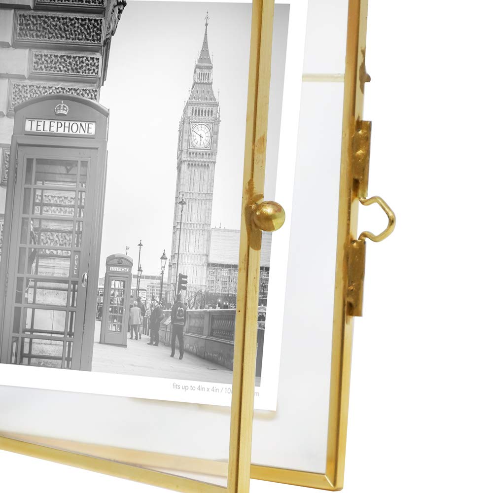 Isaac Jacobs 4x4, Antique Gold, Vintage Style Brass and Glass, Metal, Floating Desk Photo Frame, with Locket Bead Clasp Closure for Pictures Art, More (4x4, Antique Gold)