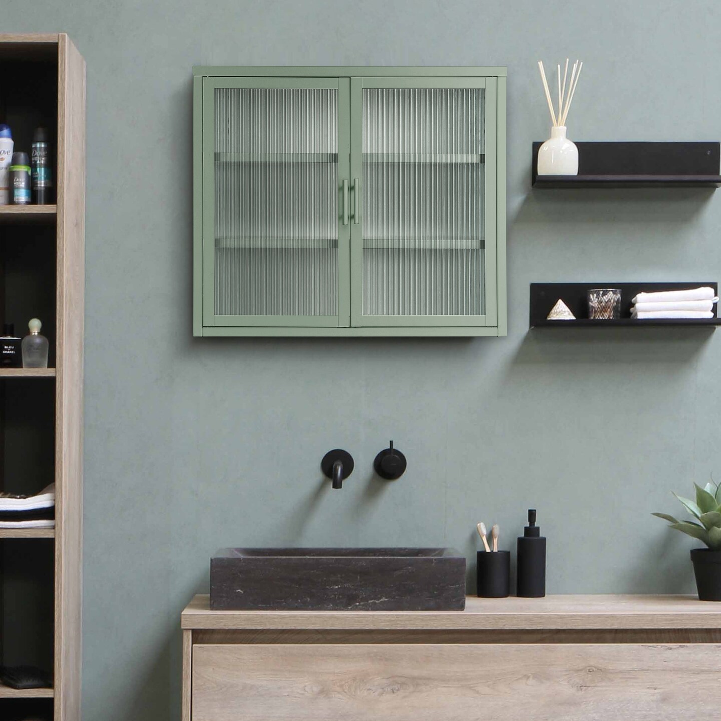 Vintage Mint Green Double Glass Door Wall Cabinet | 70*23*60cm / 27.6*9.1*23.6in | Elevate Your Space