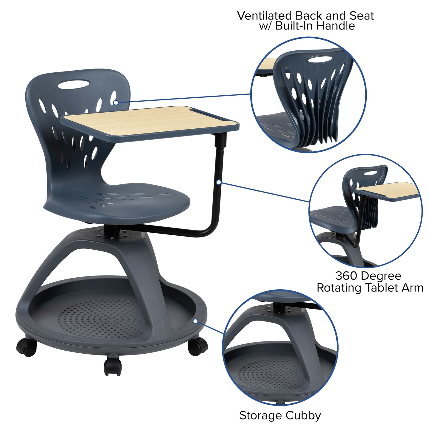 Emma and Oliver Mobile Desk Chair - 360&#xB0; Tablet Rotation and Storage Cubby