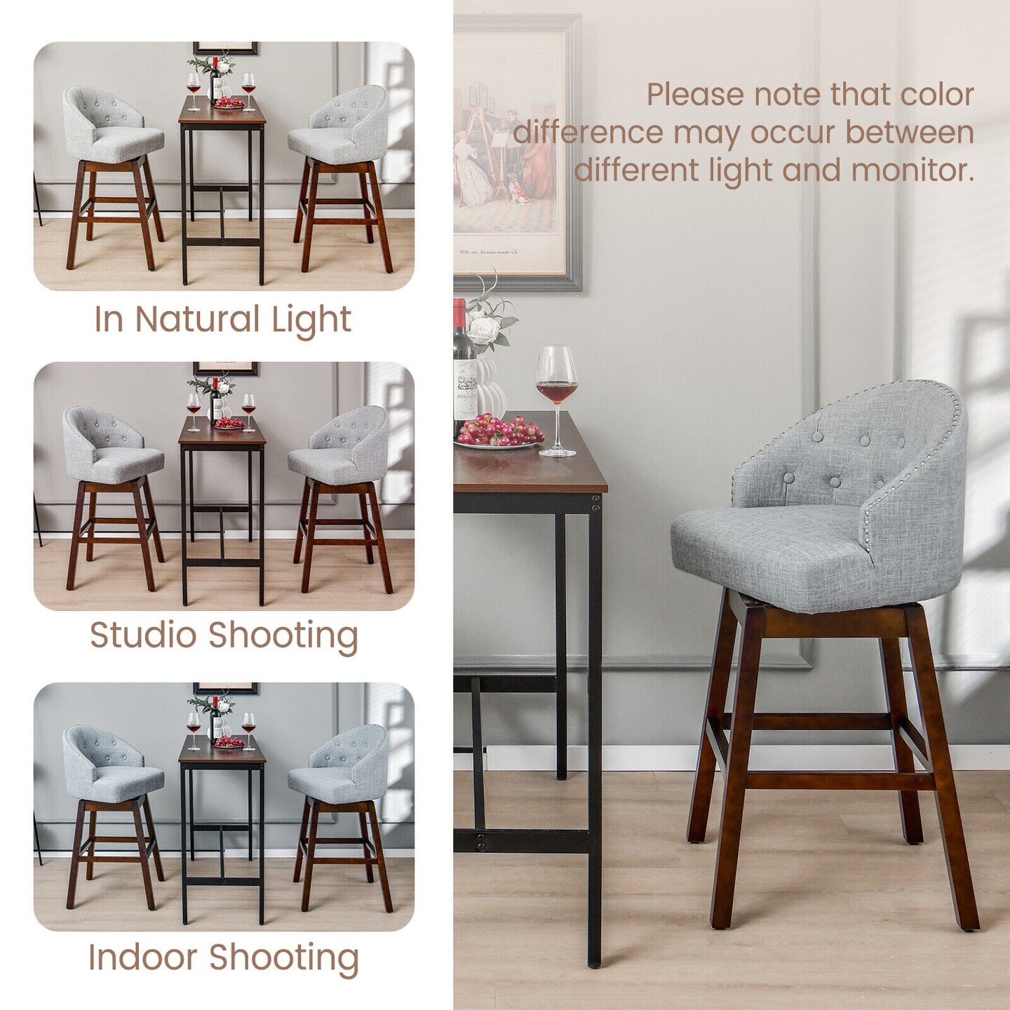 Set of 2 Swivel Bar Stools Tufted Bar Height Pub Chairs with Rubber Wood Legs