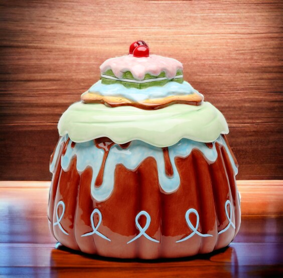 Hand Painted Ceramic Cake Cookie Jar, Home D&#xE9;cor, Gift for Her, Gift for Mom, Kitchen D&#xE9;cor, Cafe Decor, Bakery Decor