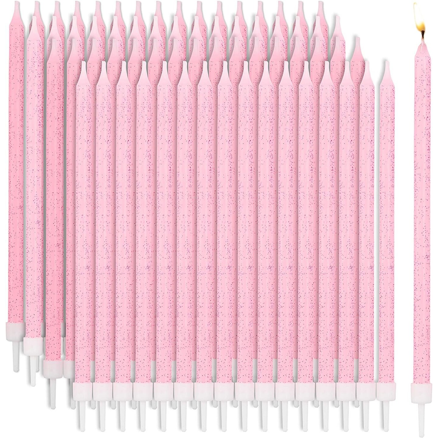 48-Pack Metallic Pink Glitter Confetti Long Thin Birthday Cake Candles 5-Inch with Holders