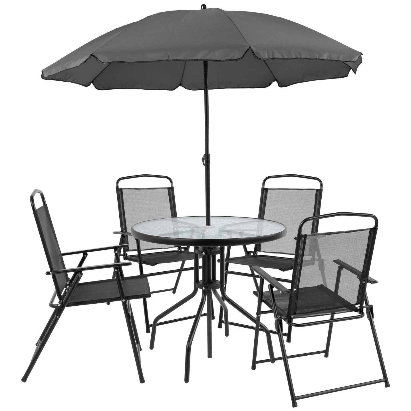 Emma and Oliver 6 Piece Patio Garden Set with Table, Umbrella and 4 Folding Chairs