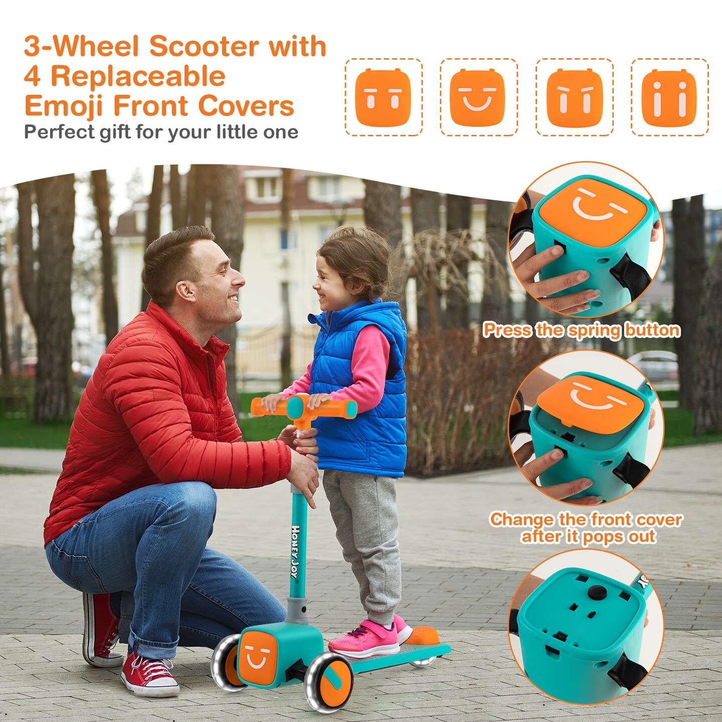 3 Adjustable Heights Foldable Kids Toy Scooter with LED Flashing Wheels Horn and 4 Emoji Covers