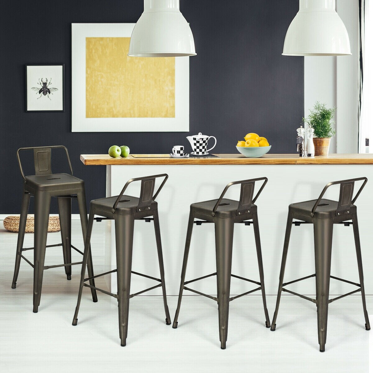 Set of 4 Metal Counter Height Dining Chairs with Low Back and Rubber Feet Suitable to Any Space