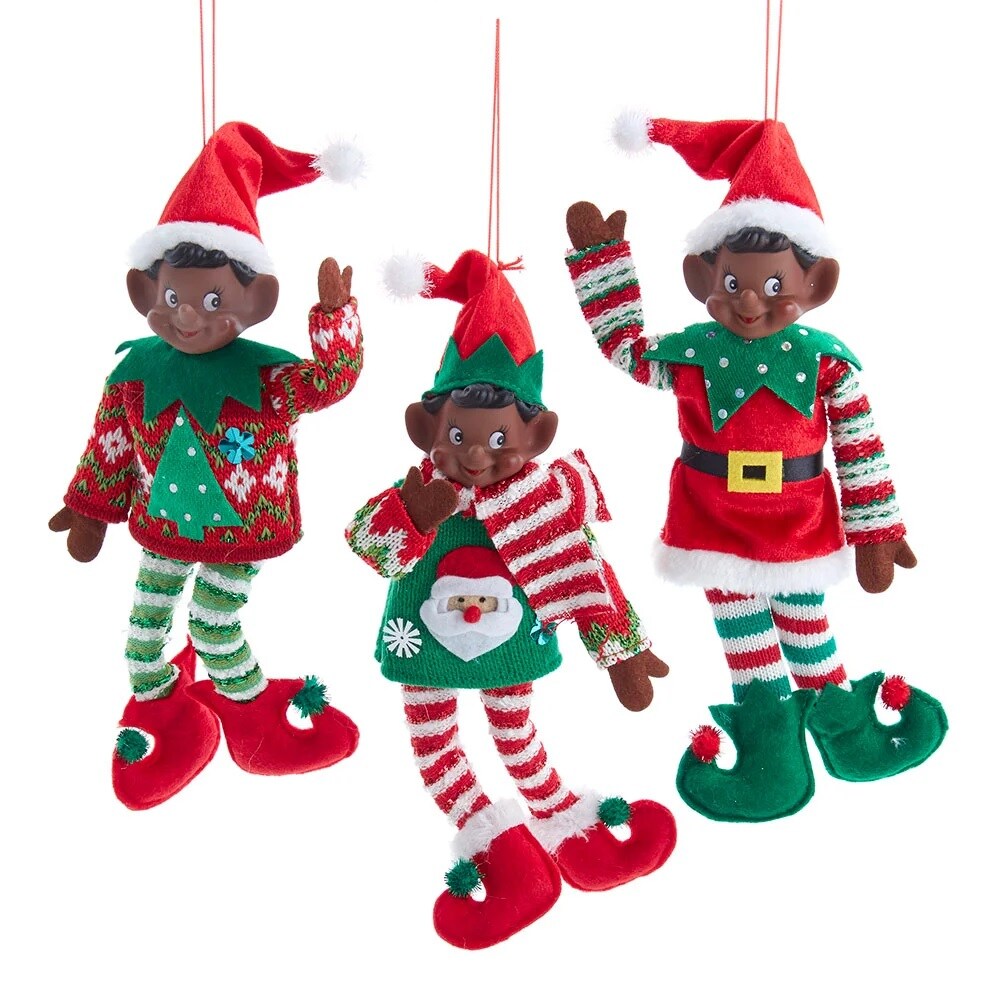 KSA Pack of 12 Red and Green African American Elf Christmas Ornaments 10&#x22;