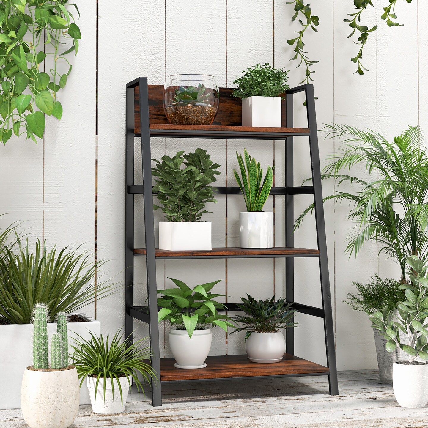 Costway 3-Tier Ladder Bookshelf Industrial Storage Rack Bookcase Plant Display Shelf
