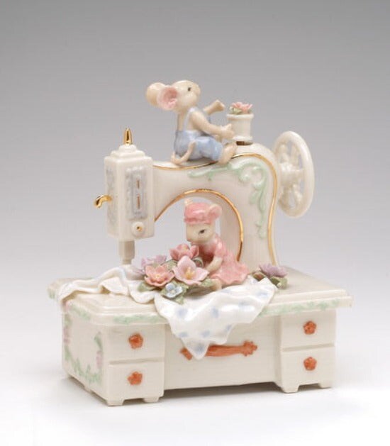 Hand Crafted Ceramic Mice With A Sewing Machine Music Box
