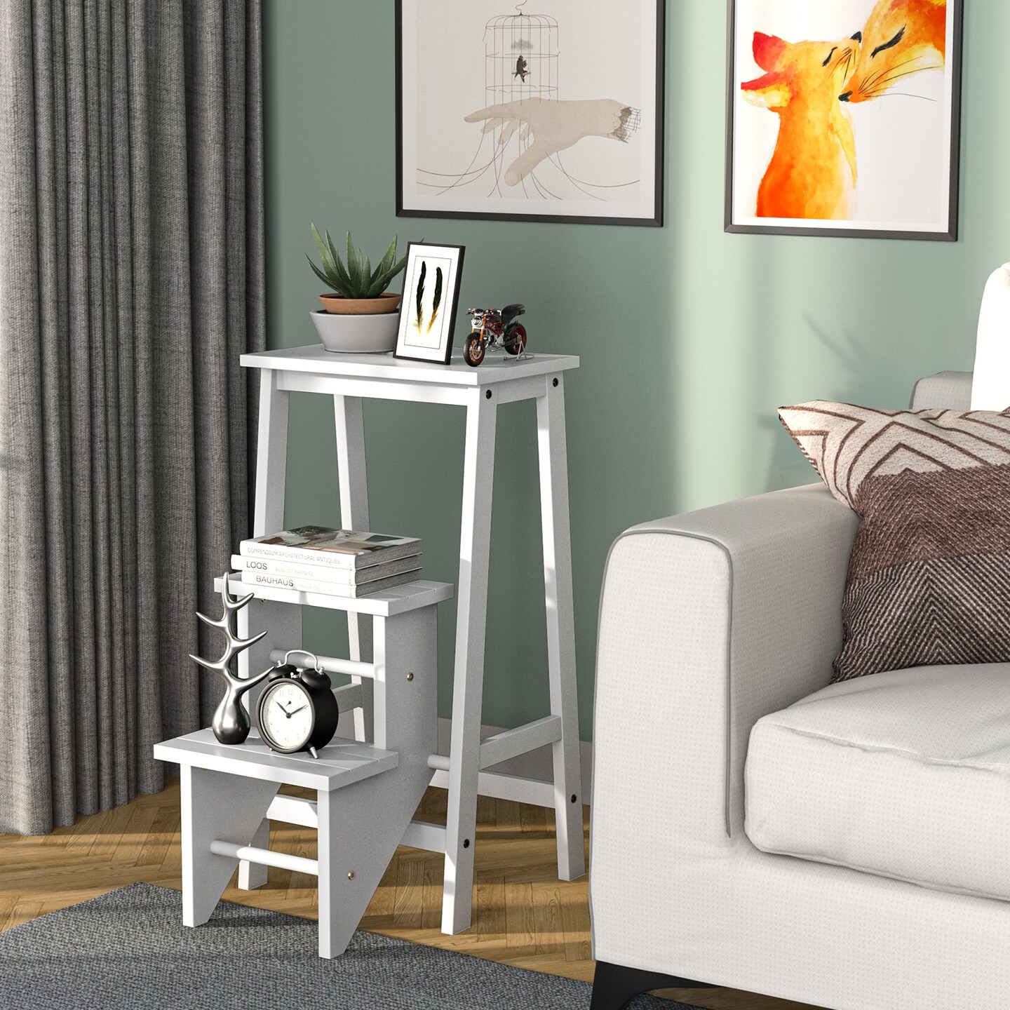 3-in-1 Rubber Wood 3 Tier Folding Step Stool Ladder Storage Shelf