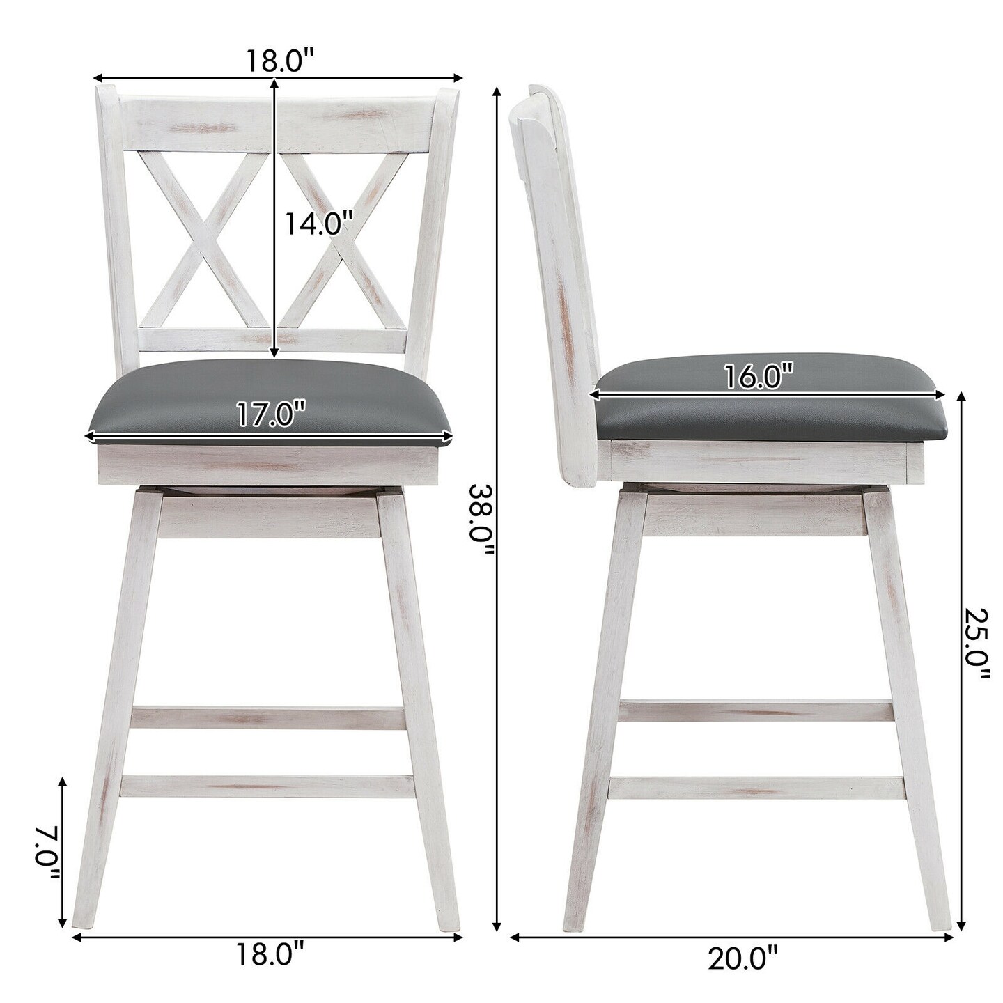 2 Pieces 24 Inch Swivel Counter Height Barstool Set with Rubber Wood Legs