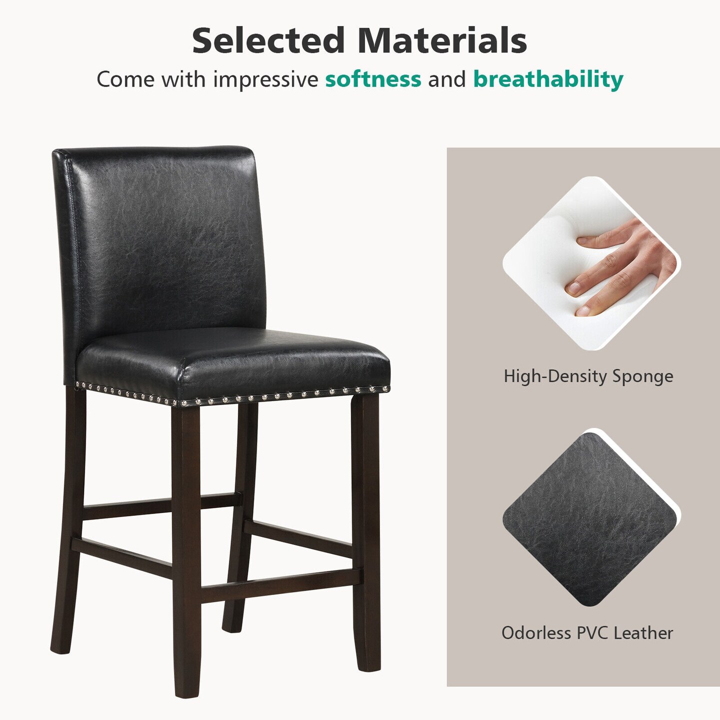 Set of 2 Bar Stools Counter Height Chairs with Padded Seat and Curved Backrest