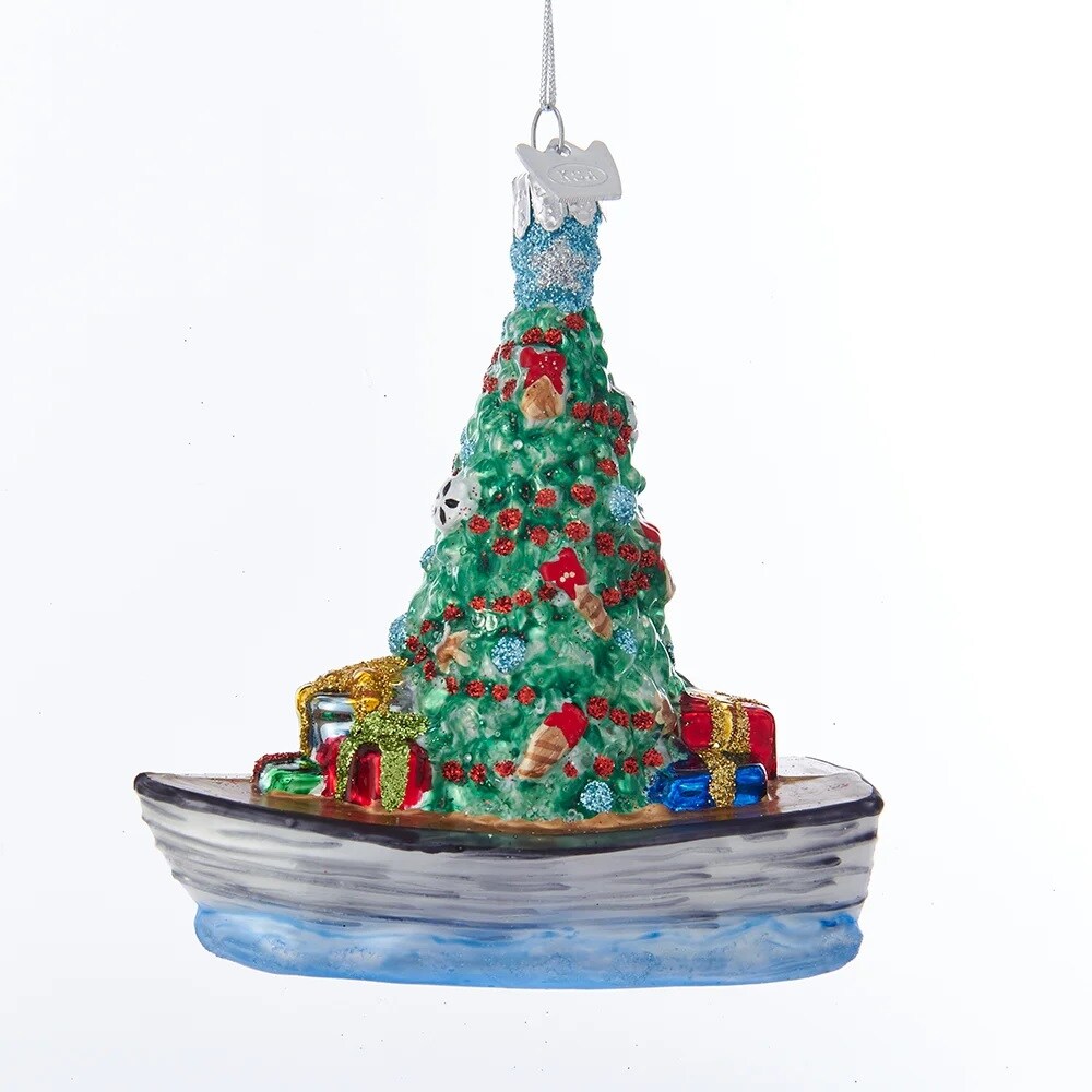 KSA Pack of 8 Green and Gray Boat with Christmas Tree Ornaments 4.75&#x22;