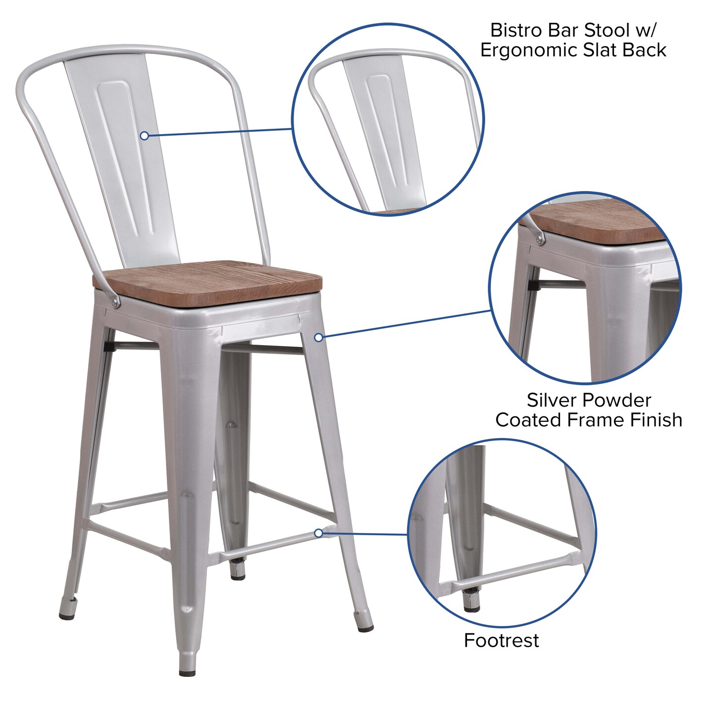 Merrick Lane Donnely Metal Dining Stool with Curved Slatted Back and Textured Wood Seat