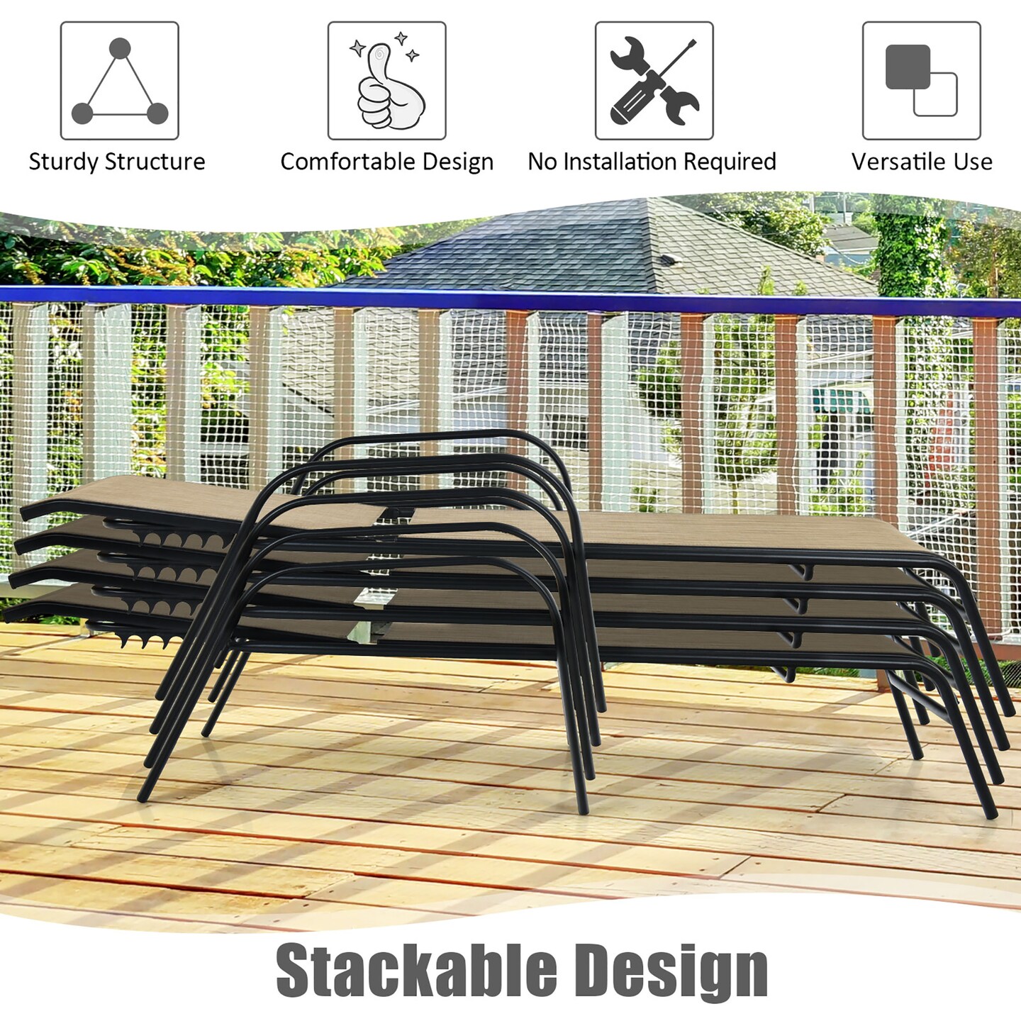 Costway 8PCS Patio Lounge Chair Chaise Adjustable Recliner Stack No Assembly
