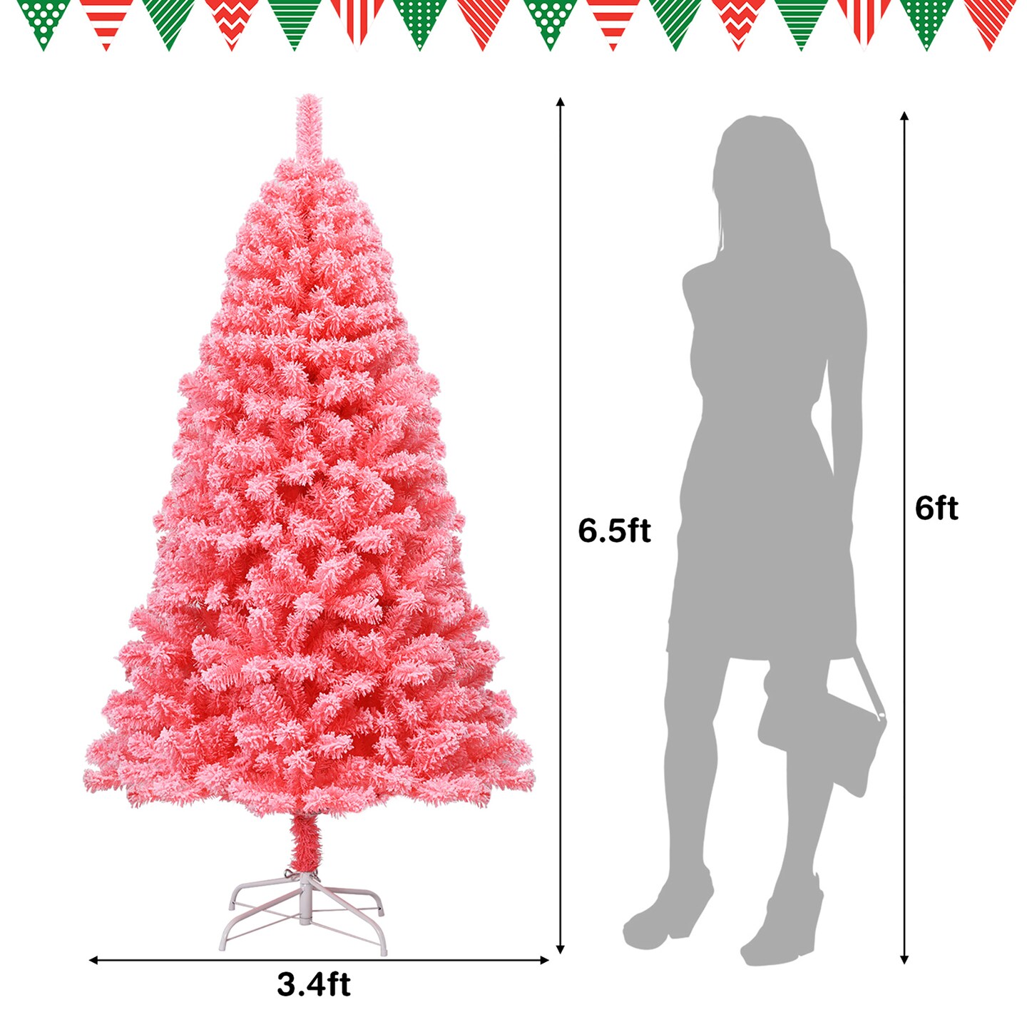 Costway 6.5ft Snow Flocked Hinged Artificial Christmas Tree w/ Metal Stand Pink