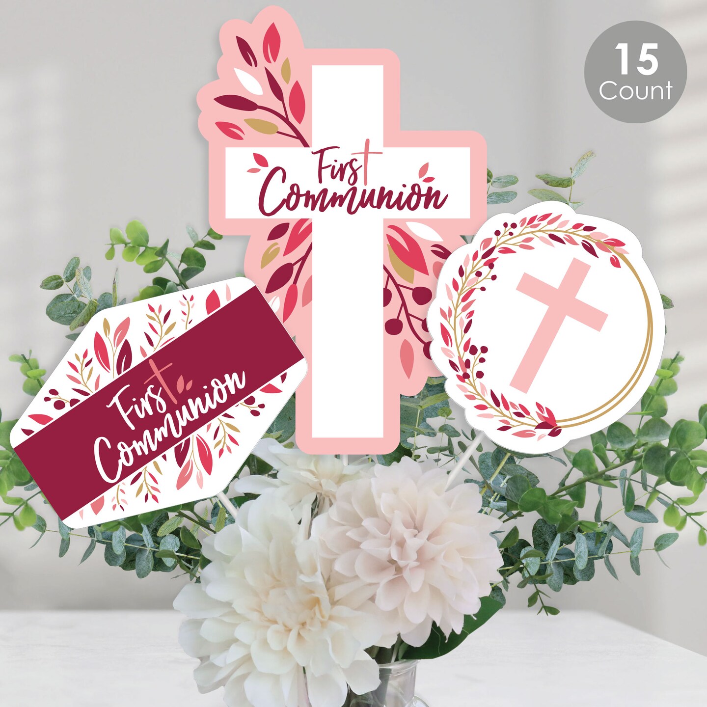 Big Dot of Happiness First Communion Pink Elegant Cross - Girl Religious Party Centerpiece Sticks - Table Toppers - Set of 15