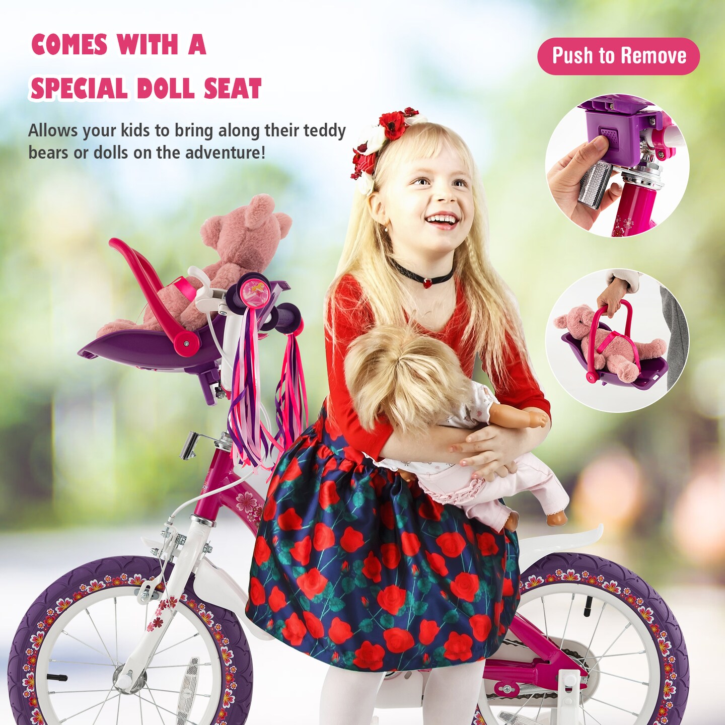 Kids Bike with Removable Doll Seat and Training Wheels Adjustable Handlebar
