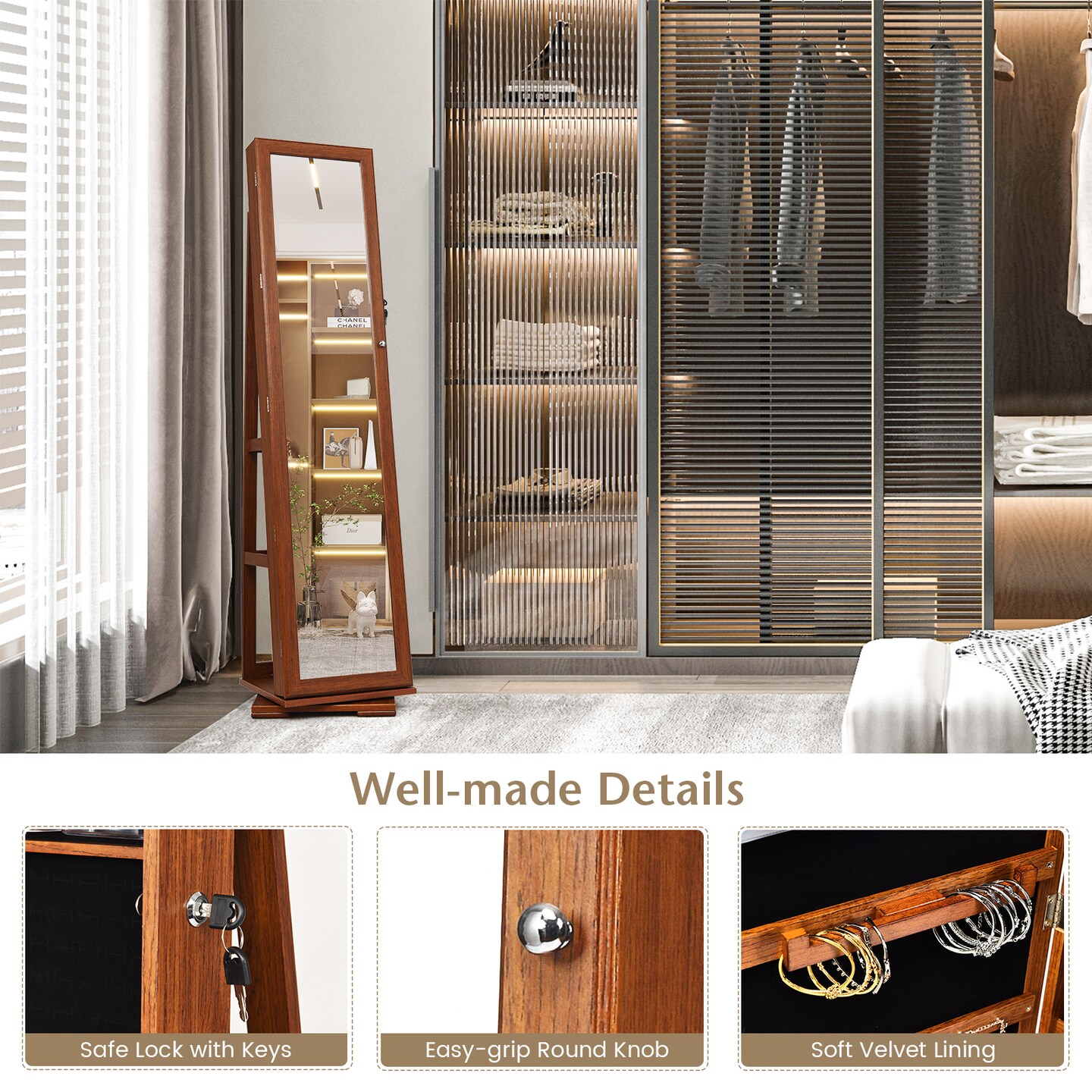 360° Rotatable Armoire 2-in-1 Lockable Mirrored Jewelry Cabinet