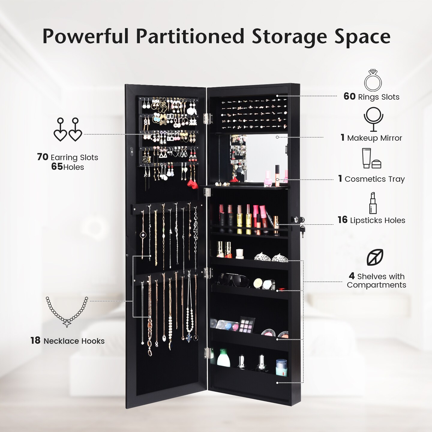 Lockable Wall Door Mounted Mirror Jewelry Cabinet with LED Lights