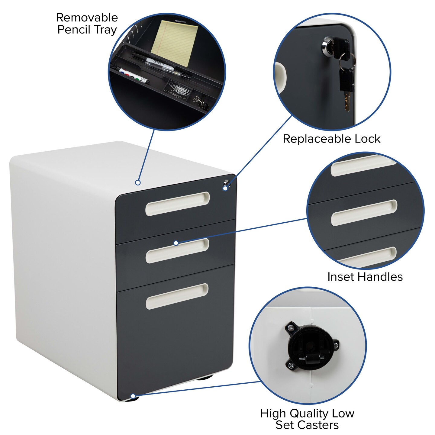 Emma and Oliver Ergonomic 3-Drawer Mobile Locking Filing Cabinet Storage Organizer
