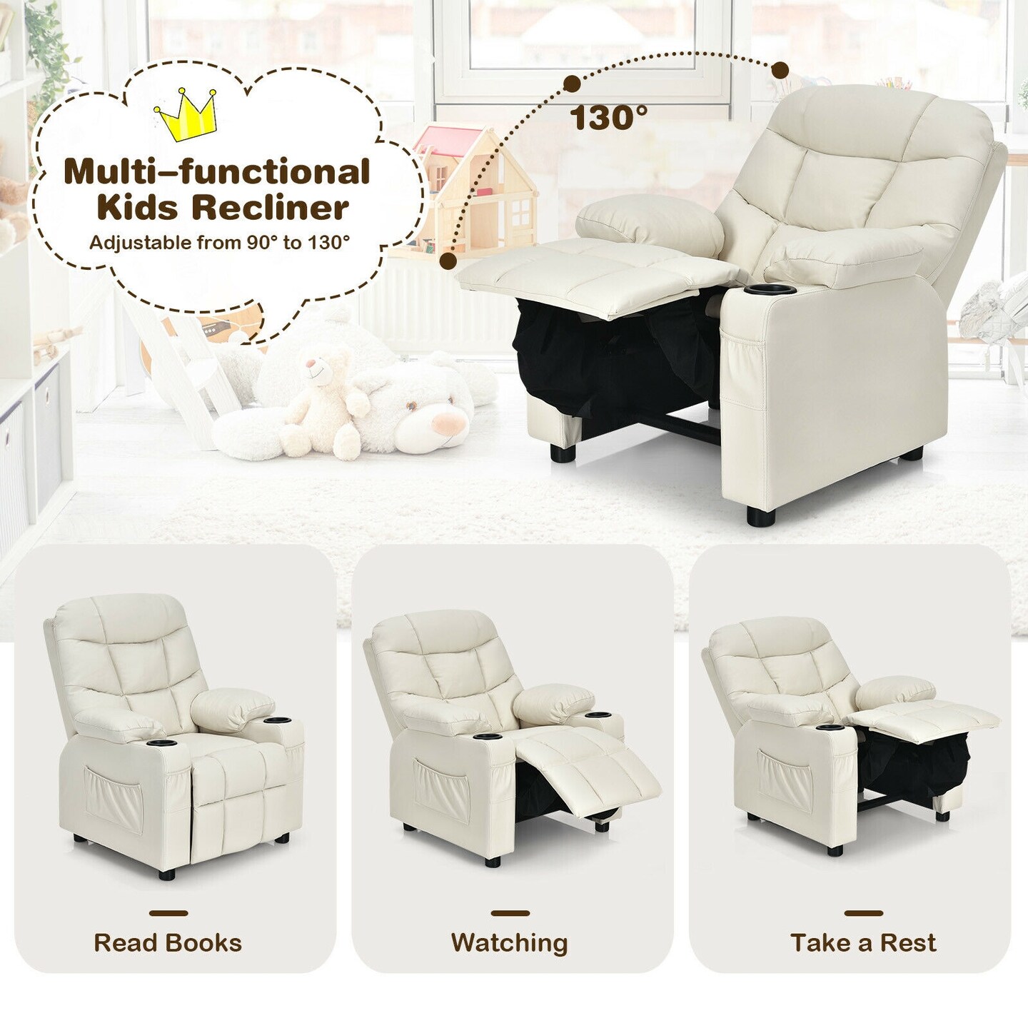 Kids Recliner Chair with Cup Holders Suitable for Children's Room, Living Room and Bedroom